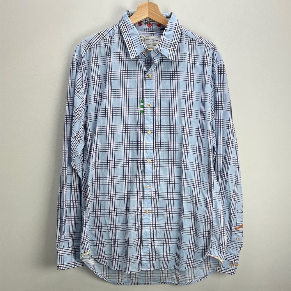 Robert Graham Plaid Button Up Dress Shirt Blue Cotton Mens Large